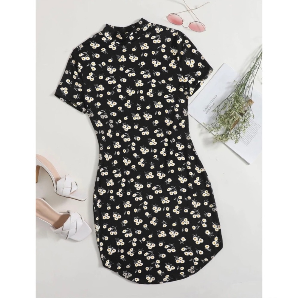 Mock Neck Curved Hem Dress
